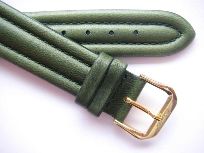 Green stitched padded leather watch band 18 mm plated  