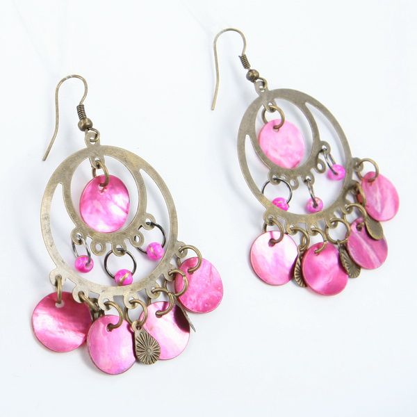 VINTAGE BRONZE CRIMSON MOTHER OF PEARL EARRINGS E137D  