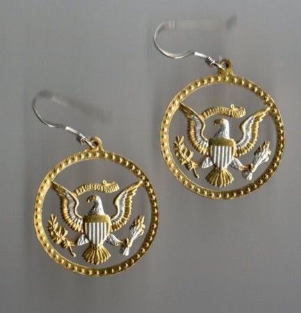 Gold on Silver Cut Coin U.S. ½ Dollar Eagle and Stars Earrings  