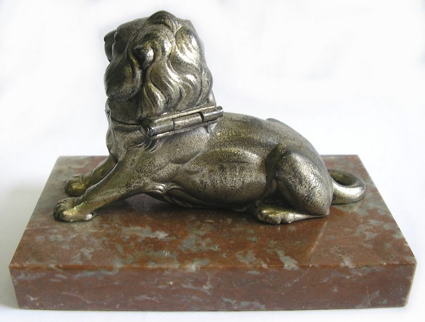 BELFORT LION INKWELL STATUE FRANCE METAL ON MARBLE 1950  