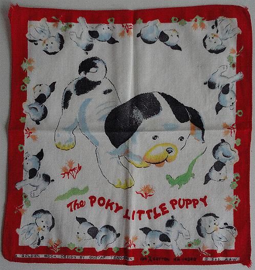 RARE Poky Little Puppy Golden Book Childs Hanky 1940s  