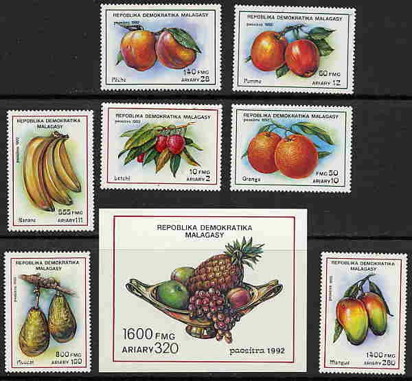 MALAGASY FRUIT STAMPS   MINT COMPLETE SET AND SHEET  