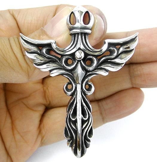 HEAVY WING CROSS STERLING SILVER CHOPPER BIKER PENDANT  