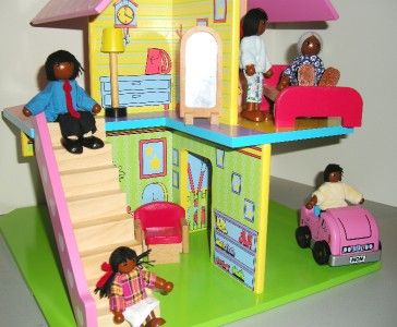 AFRICAN AMERICAN FURNISHED DOLLHOUSE W/ 6 WOODEN DOLLS  