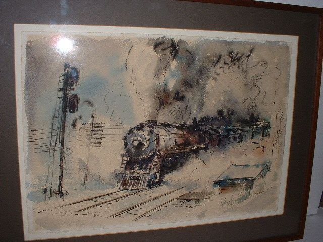 WILLIAM LEWIS WATERCOLOR PAINTING 1957 RAILROAD TRAIN  