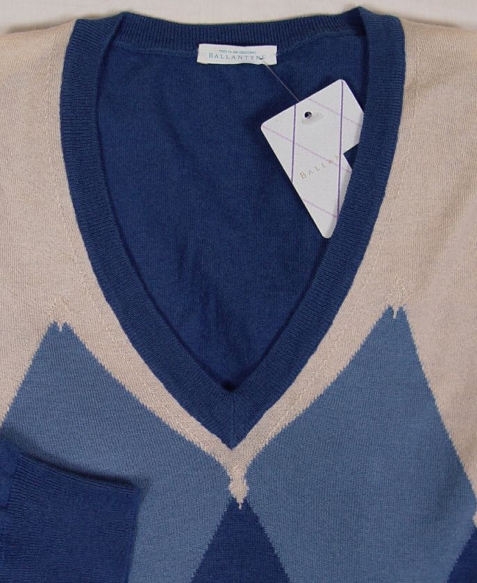 BALLANTYNE SWEATER $940 BLUE/BEIGE ARGYLE 100%CASHMERE HANDKNIT V NECK 