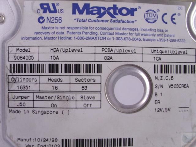 Maxtor 90840D5 8.4GB 8601MB IDE Hard Drive  