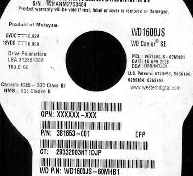 WESTERN DIGITAL 160GB WD1600JS 60MHB1 DCM DSBHNTJCH 000058332719 