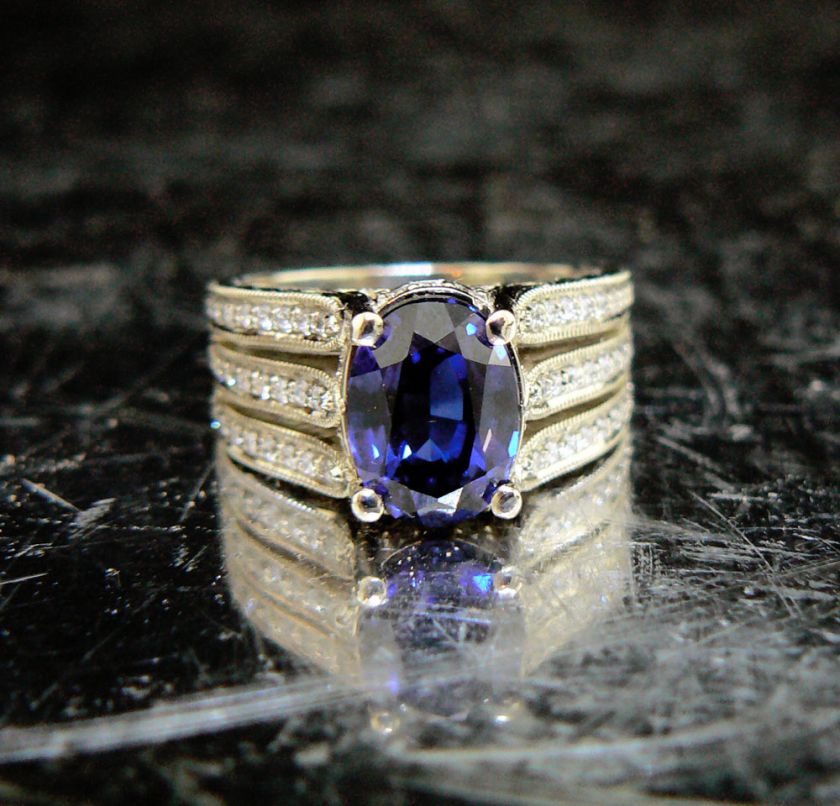 OUTSTANDING Sapphire & Diamond 18K White Gold ENGRAVED Engagement Ring 