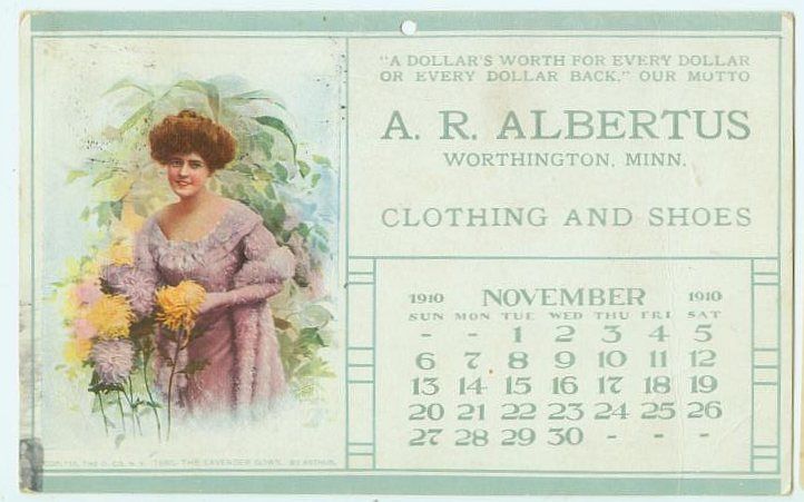 042910 ALBERTUS STORE 1910 CALENDAR WORTHINGTON MN POSTCARD  