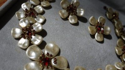 Miriam Haskell HUGE Baroque Pearl Flower Ruby Red Rhinestone Necklace 