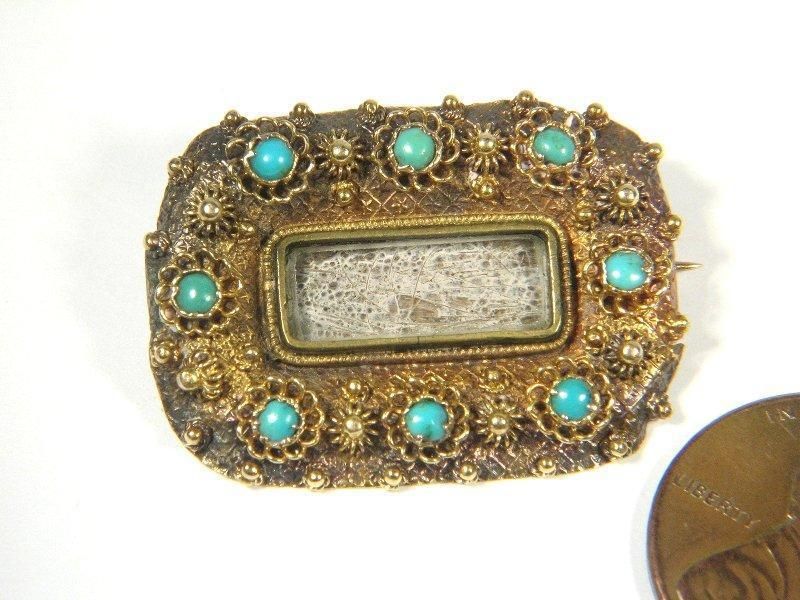 ANTIQUE ENGLISH 18K GOLD TURQUOISE LOCKET PIN c1820  