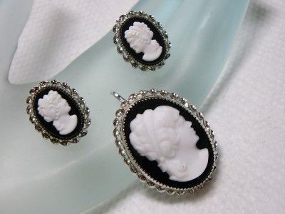 UNCAS Sterling & Onyx CAMEO Earrings & Pendant/Brooch  