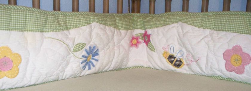   Kids DANDELION green gingham yellow flowers & bee BUMPER PAD  