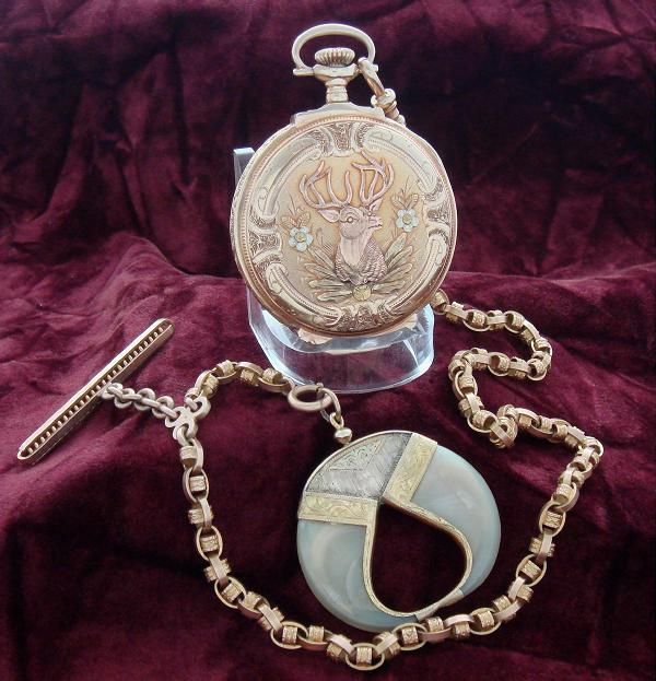   Multicolored Gold Illinois Hunter Case Pocket Watch w/ Stag  SERVICED