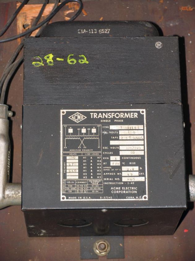 Acme Electric Dry Type Transformer 3 KVA 1 Phase 540/570/600V P.   120 