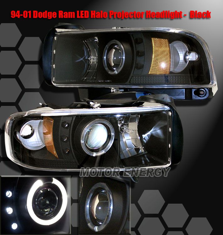 94 01 DODGE RAM LED HALO PROJECTOR HEADLIGHTS BLK 98 99  