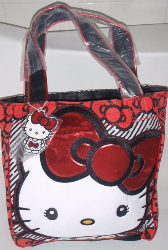 NWT HELLO KITTY LOUNGEFLY BIG RED BOW WHITE SOFT FACE SHOPPER TOTE BAG 