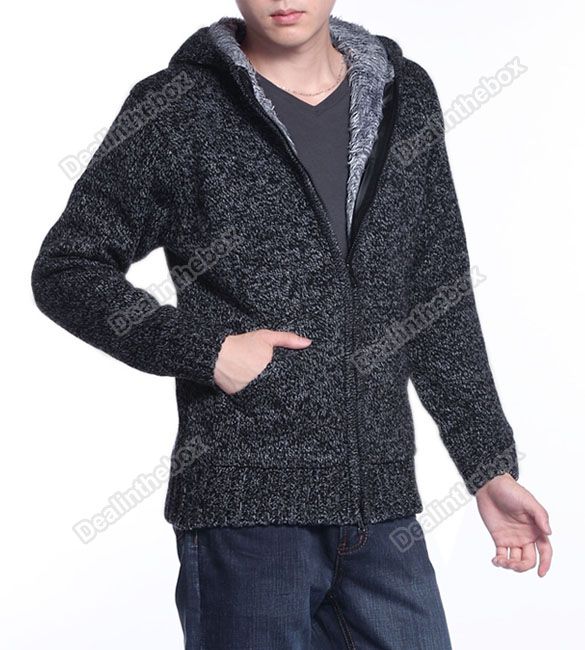 Fashion Mens Double Zipper Design Wool Knitted Sweater Hoodie Jacket 