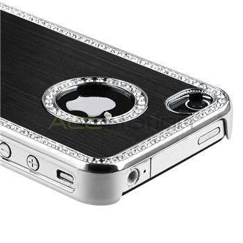 Bling Diamond Black Back Cover Hard Case+Screen Pro+Pen For iPhone 4 