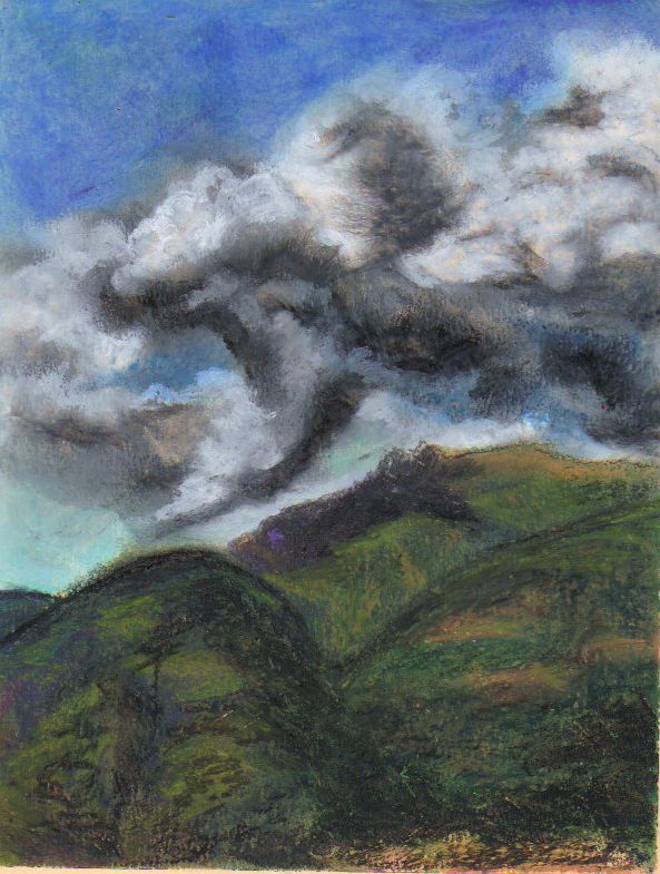 PLAINS original signed paper drawing OIL PASTEL landscape art sky 