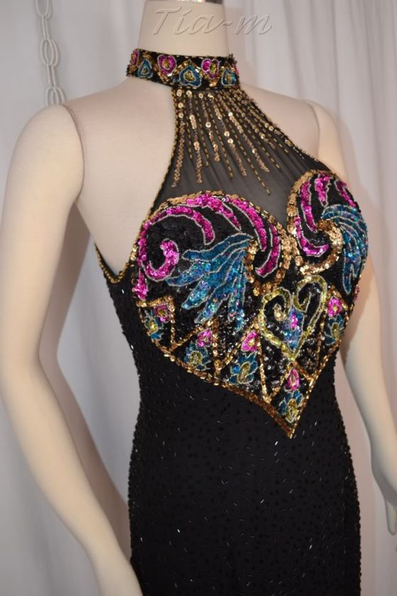 BONNIES BOUTIQUE BEADED BRA FORMAL PAGEANT BIAS CUT BLACK DRESS WOMEN 