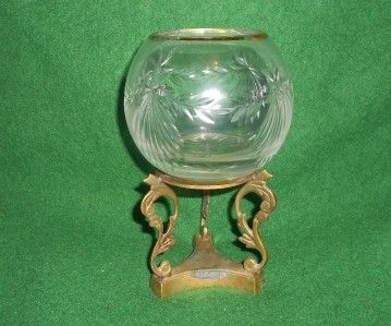 VINTAGE CRYTSAL GLASS ROSE BOWL W/BRASS STAND  