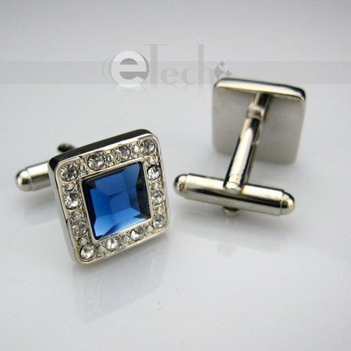 New Classic Men`s Elegant Blue Square Crystal Wedding Cufflinks Cuff 