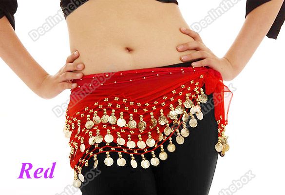 Rows 128 Coins Chiffon Belly Dance Hip Skirt Scarf Wrap Belt Costume 