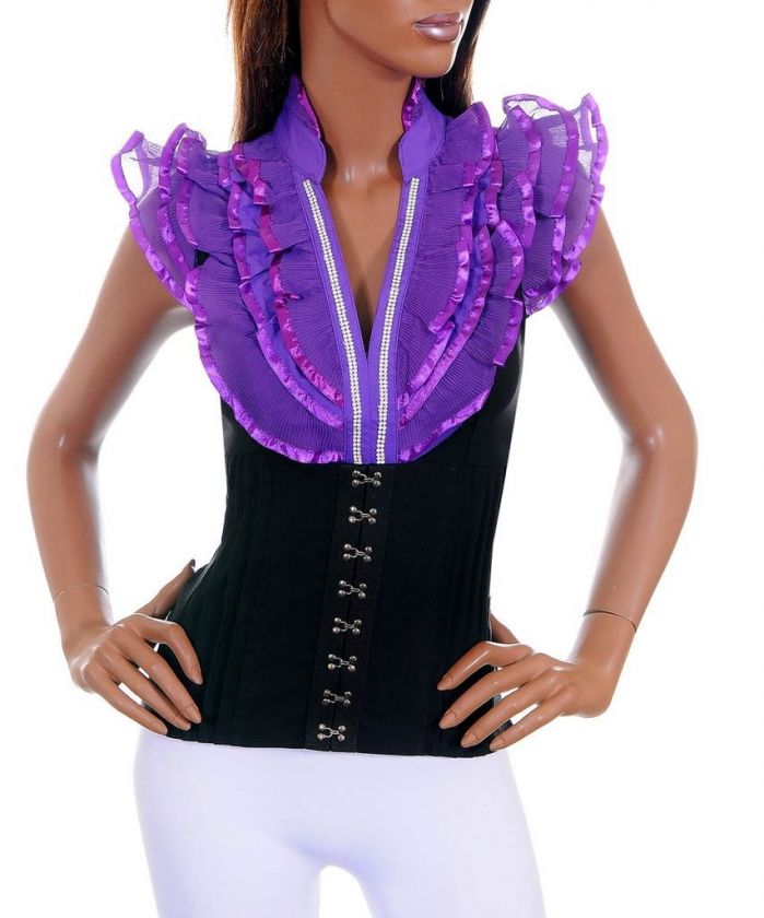 Purple Blk Blouse w/purple ruffles silver designs. Petite Medium 