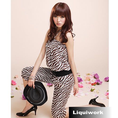   Fashion Animal Print Zebra Halter Rompers and Jumpsuits Women  