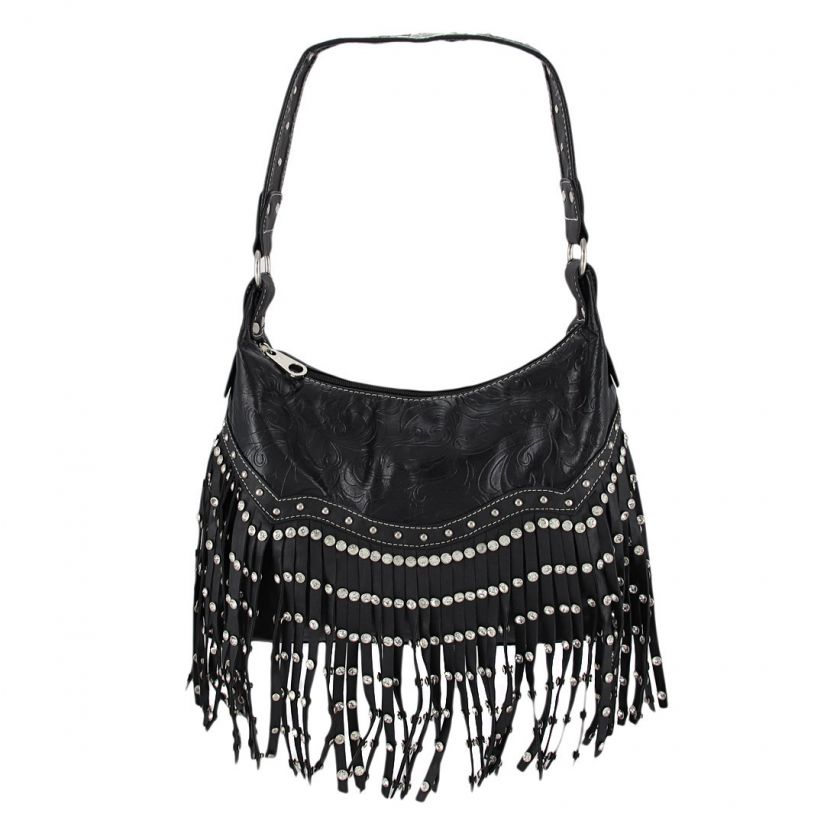 Rhinestone Studded Fringed Black Shoulder Bag  