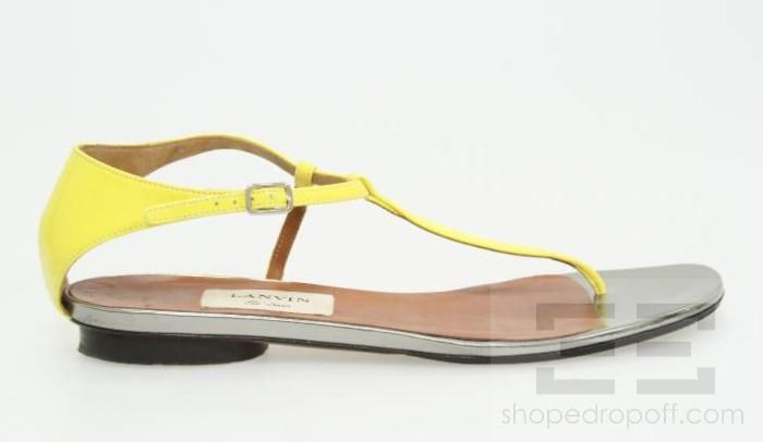 Lanvin Ete 2009 Yellow & Silver Patent Leather T Strap Flat Sandals 