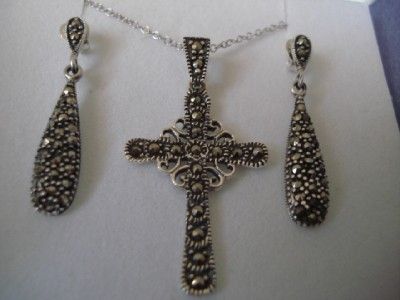 MARCASITE CROSS PENDANT DANGLE EARRINGS NECKLACE ITALIAN .925 SILVER 