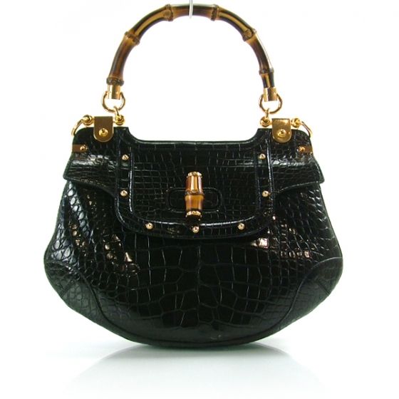 GUCCI Alligator Bamboo Handle Large Peggy Bag Black  