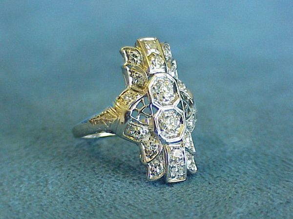 Antique Art Deco Nouveau 1920s Diamond Platinum Filigree Dinner Ring 