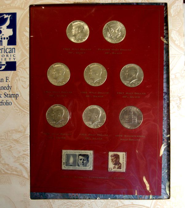   COIN AND STAMP PORTFOLIO, SUITABLE FOR FRAMING, 8 HALF DOLLARS  