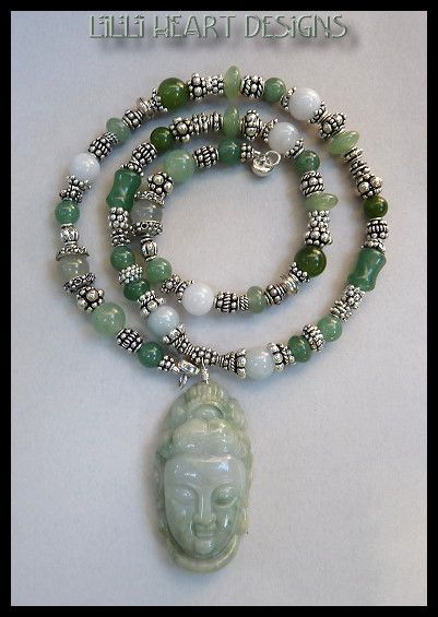 DESIGNER NECKLACE JADE QUAN YIN & JADE AND SILVER BEADS  