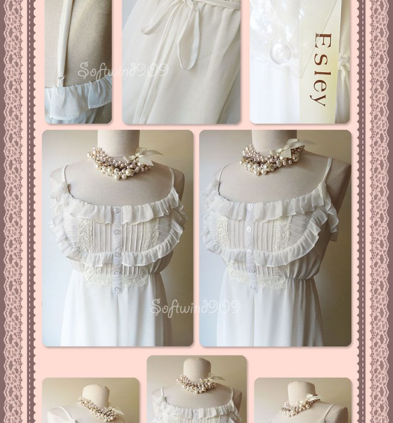 Esley Off White Ruffle Lace Trim Bib Semi Sheer Chiffon Lovely Peasant 