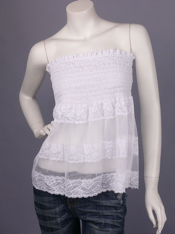 White Tiered Sheer Smock Strapless Top L  