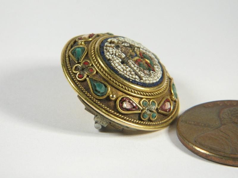 ANTIQUE VATICAN WORKSHOP GOLD MICROMOSAIC PIN BROOCH  