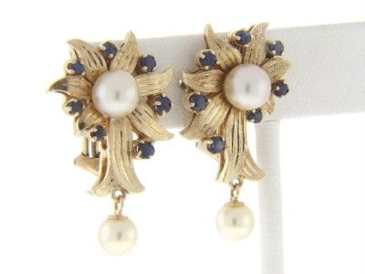 VINTAGE 14K YG GENUINE PEARL & SAPPHIRE FLOWER EARRINGS  