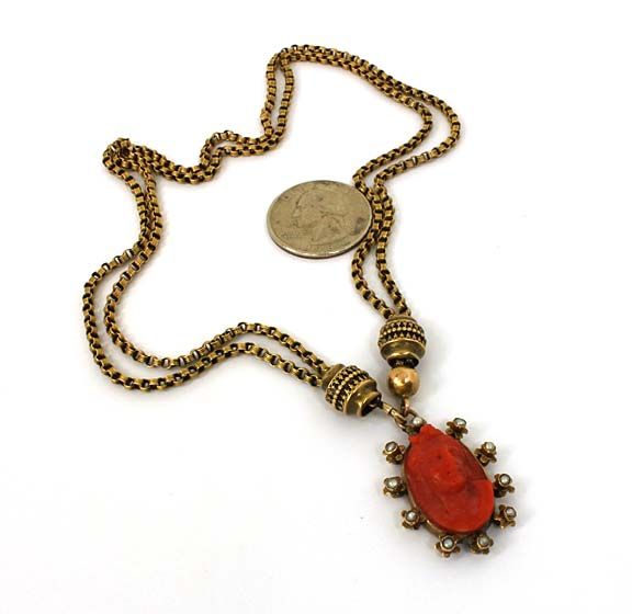   STUNNING 14K GOLD CARVED CORAL CAMEO & SEED PEAEL NECKLACE  