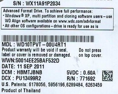 WESTERN DIGITAL 1TB WD10TPVT 00U4RT1 DCM HBMTJBNB 718037764290  