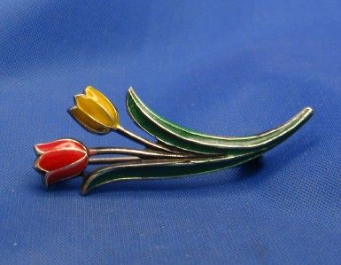 Vintage Silver & Enamel Tulip Flower Pin marked 835  