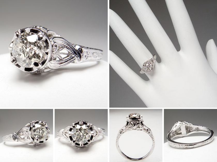Art Deco Antique Engagement Ring Old European Cut Diamond Set In Solid 