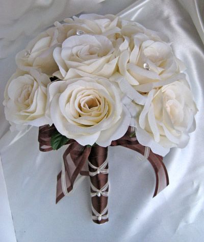 15 pc Wedding bouquet flowers decoration IVORY / BROWN  