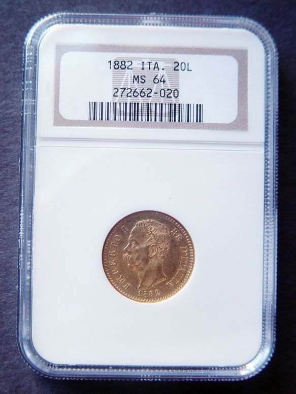 1882 ITALY 20 Lire NGC MS 64 GOLD COIN  