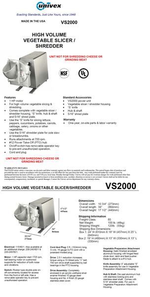 Univex VS2000 Vegetable Slicer/Shredder Countertop  