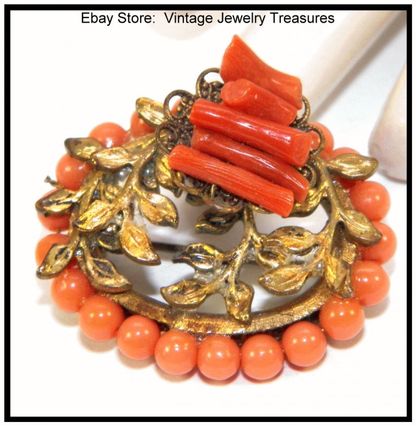 Vintage Lucite & Branch Coral Gold Filigree Pin  